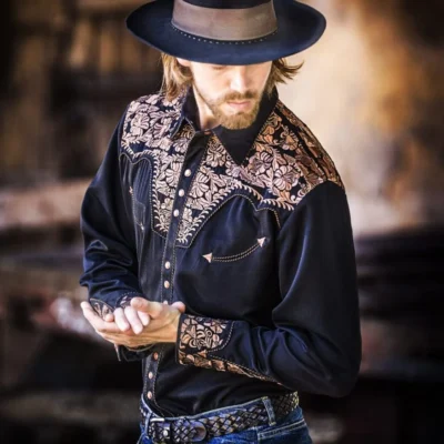 Men's Embroidered black Western Shirt.