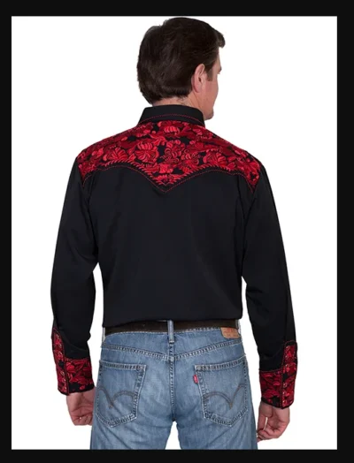 The back view of a man wearing the "Crimson Gunfighter" Mens Red western shirt by Scully.