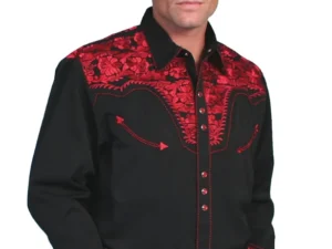 Men's black and red embroidered western shirt, hi-res. 

"Crimson Gunfighter" Men's Red western shirt by Scully.