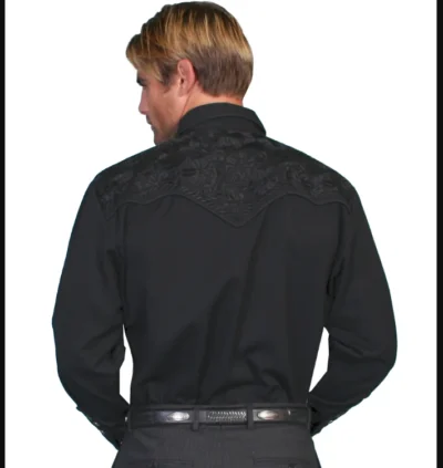 The back view of a man wearing a Jet Gunfighter Mens Scully Black Embroidered Cowboy Shirt.