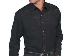 A man wearing a "Jet Gunfighter" Mens Scully Black Embroidered Cowboy Shirt.