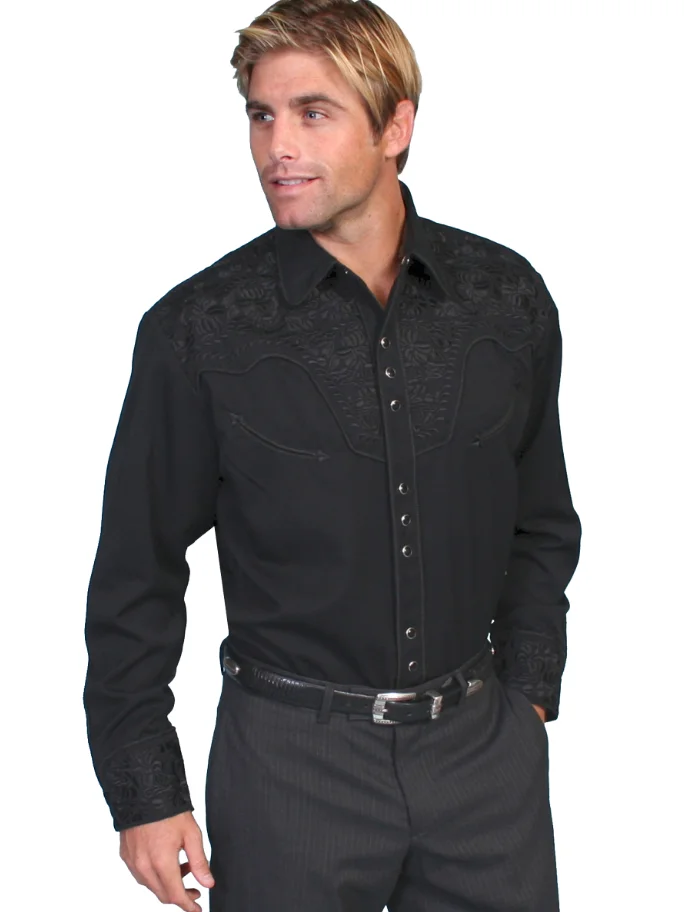 A man wearing a "Jet Gunfighter" Mens Scully Black Embroidered Cowboy Shirt.