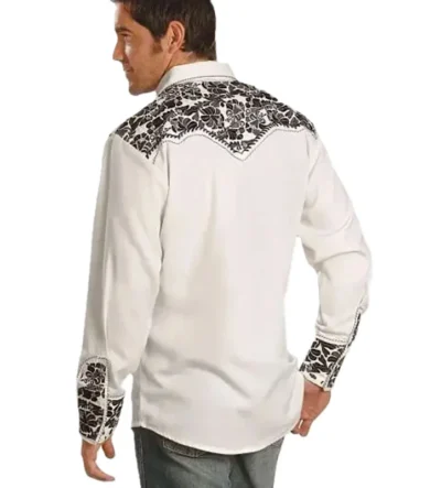 Mens Grey and white Embroidered Western Shirt