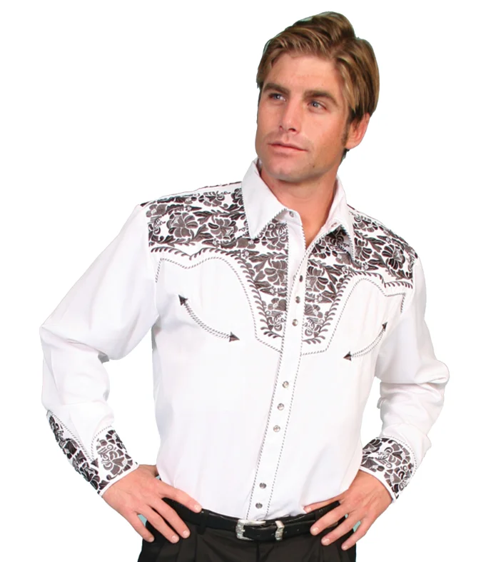 A man wearing a "Pewter Gunfighter" Mens Scully Gray Embroidered Western Shirt.