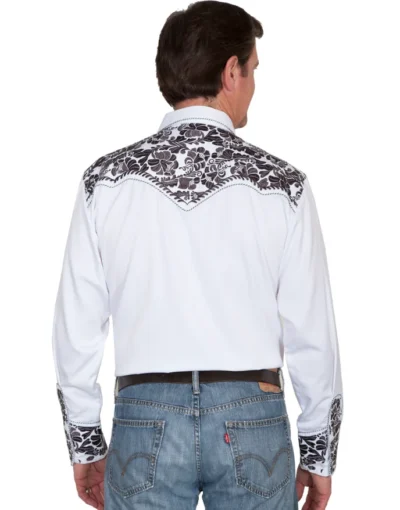 The back of a man wearing a "Pewter Gunfighter" Mens Scully Gray Embroidered Western Shirt.