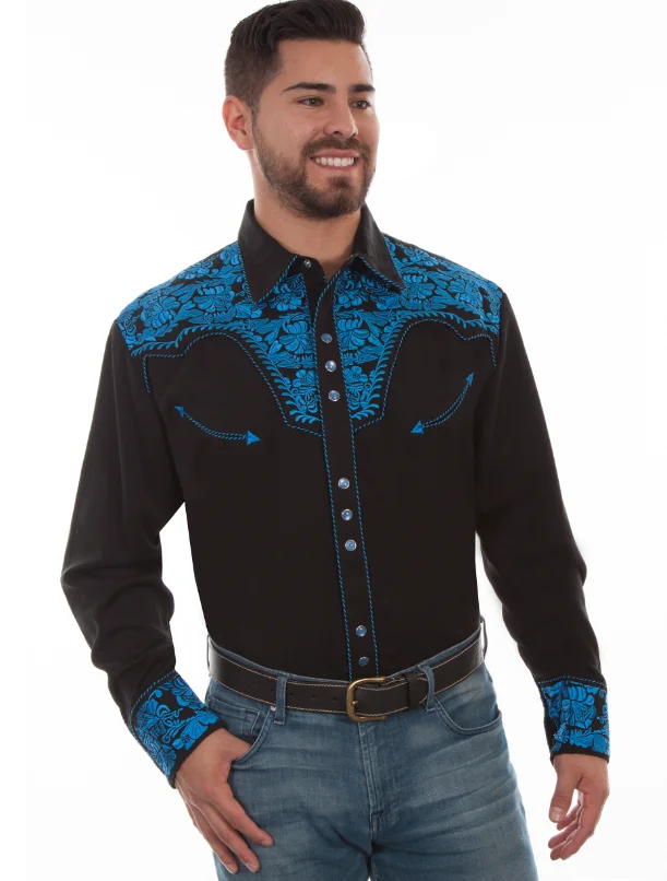 Royal Gunfighter" Men's black and blue embroidered western shirt, royal blue, hi-res.