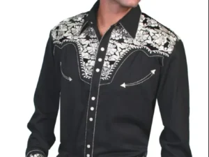 A man wearing the "Silver Gunfighter" Mens Silver Embroidered Black Western Shirt.