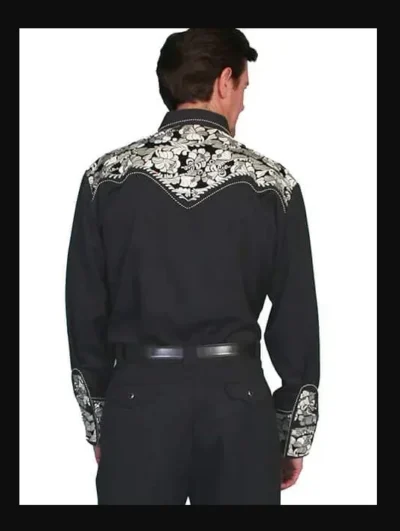The back view of a man wearing a "Silver Gunfighter" Mens Silver Embroidered Black Western Shirt.