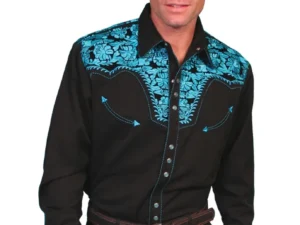 A man wearing a "Turquoise Gunfighter" Mens Turquoise Embroidered Western Shirt.