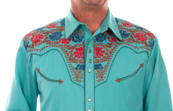 Hi-res Mens Scully Embroidered Pearl Snap Turquoise Western Shirt.