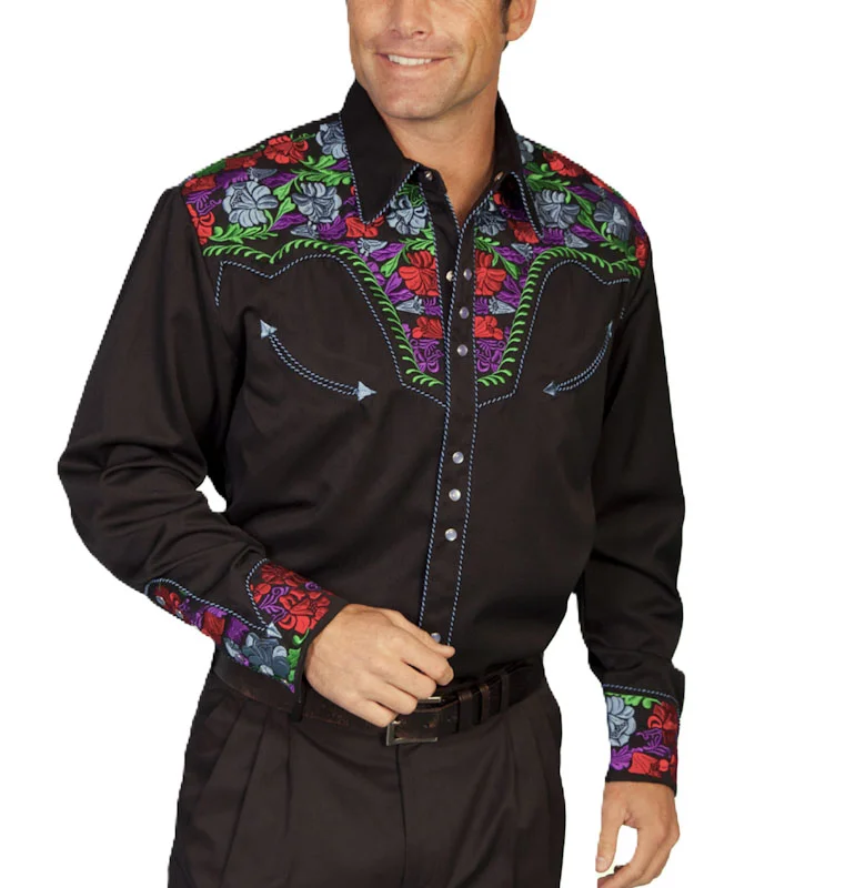 Men's Embroidered black Western Shirt.