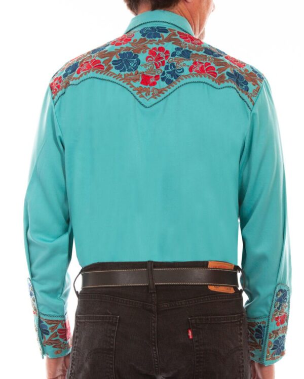 Mens Scully Embroidered Pearl Snap Turquoise Western Shirt, hi-res.