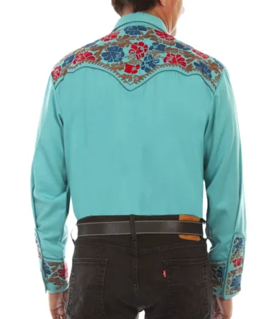 Mens Turquoise Embroidered Western Shirt.