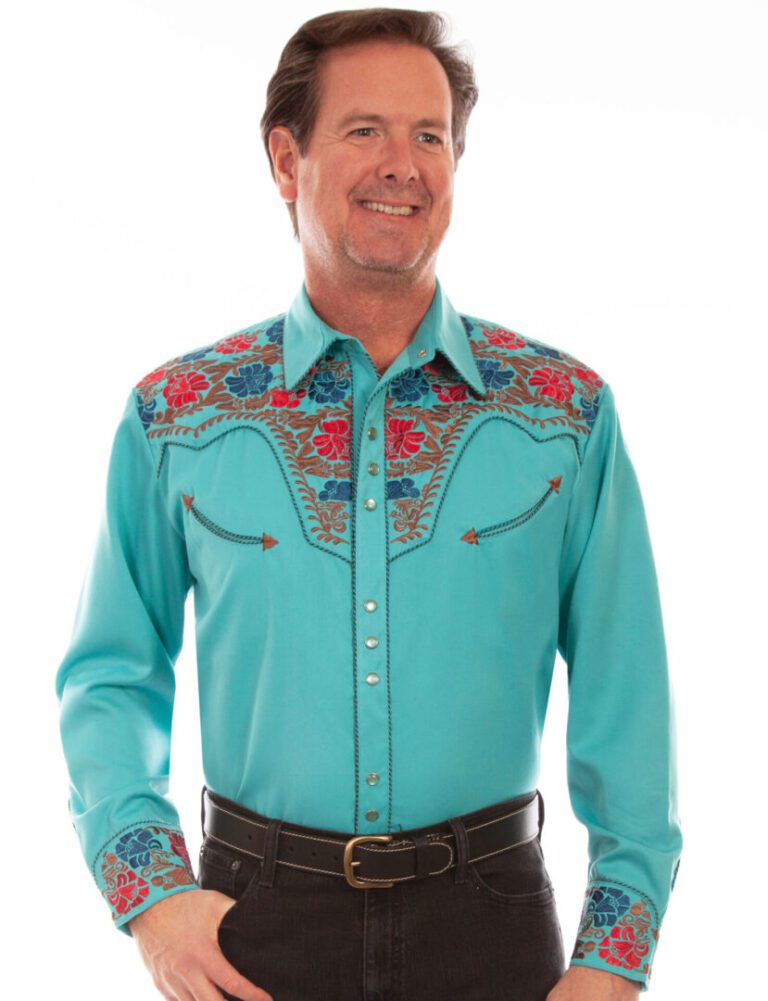 Embroidered Pearl Snap Turquoise Western Shirt