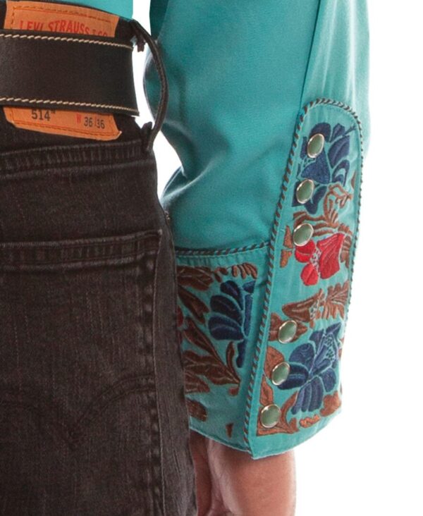 Hi-res Mens Scully Embroidered Pearl Snap Turquoise Western Shirt with embroidered details.