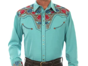 Mens Turquoise Embroidered Western Shirt.