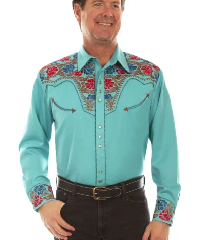 Mens Turquoise Embroidered Western Shirt.