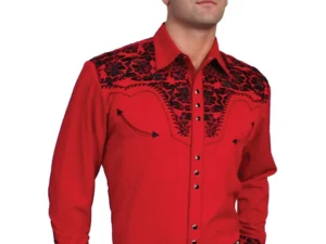 A man wearing the Alan Jackson "Good Time" Mens Red western shirt by Scully, which is red and black embroidered.