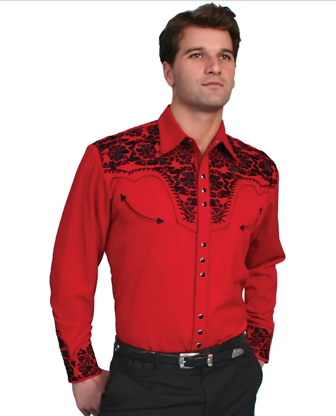 A man wearing the Alan Jackson "Good Time" Mens Red western shirt by Scully, which is red and black embroidered.
