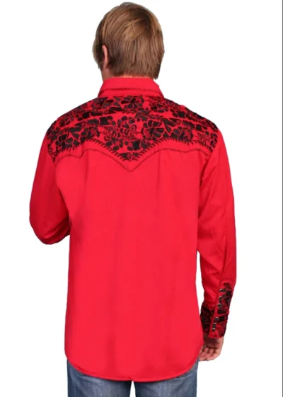 The back view of a man wearing the Alan Jackson "Good Time" Mens Red western shirt by Scully.