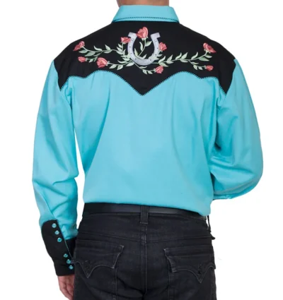 Men's Scully Horseshoe two tone black and Turquoise Western Shirt.