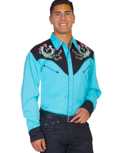 mens turquoise and black retro vintage pearl snap western shirt