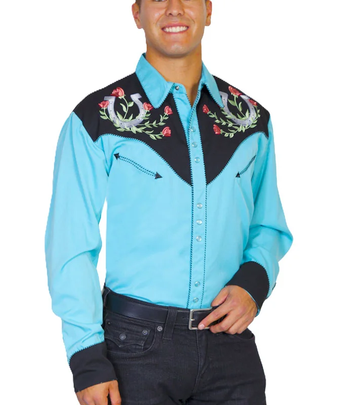 Men's Scully Horseshoe two tone black and Turquoise Western Shirt.