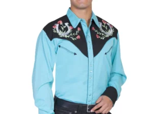 mens turquoise and black retro vintage pearl snap western shirt