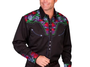 A man wearing a "Screaming Gunfighter" Mens western piped shirt by Scully with colorful floral designs.