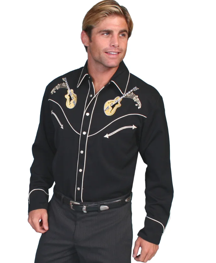 A man donning a Scully "Rockabilly" Mens Pearl Snap Embroidered Western Shirt.