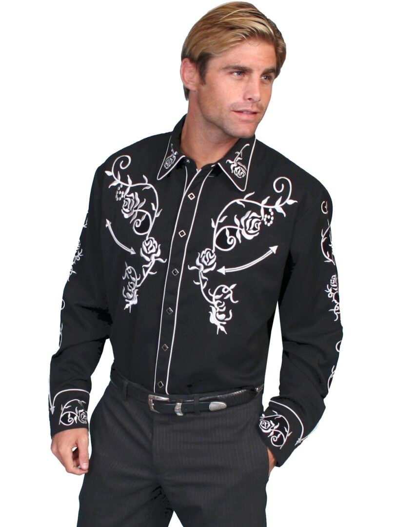 Ponderosa Men's Black Rose Embroidered Western Shirt - The Wild Cowboy
