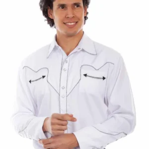 Scully Men’s White Western Shirt – Black & White Piping - Diamond Snaps – S to 4X