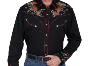 Men's cowboy boot guitar Embroidered black Western Shirt.