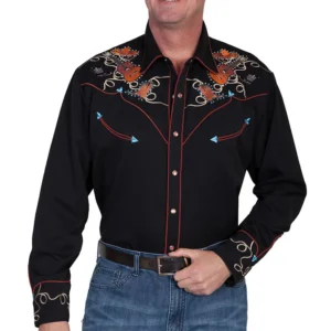 Men's cowboy boot guitar Embroidered black Western Shirt.