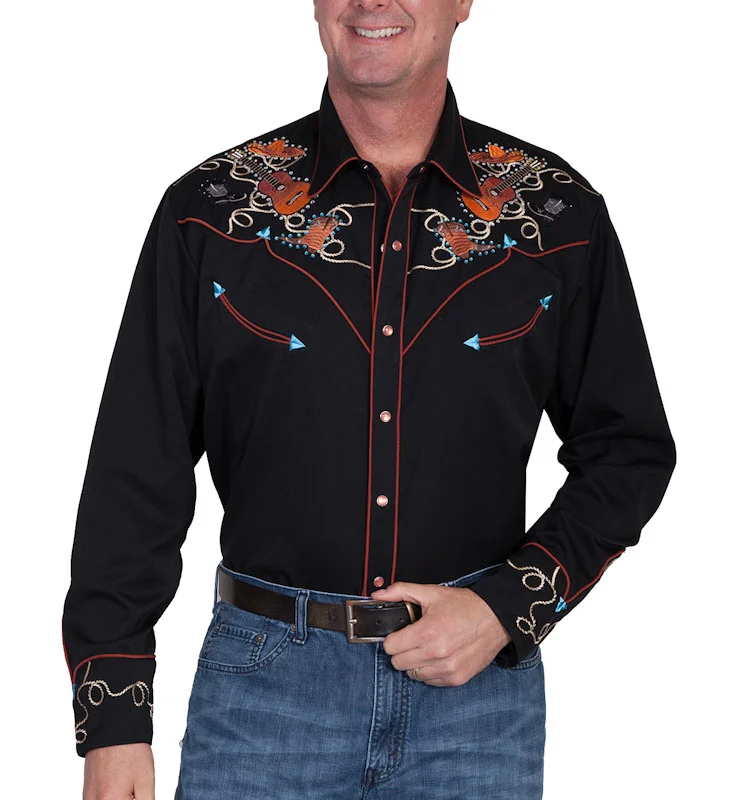 Men's cowboy boot guitar Embroidered black Western Shirt.