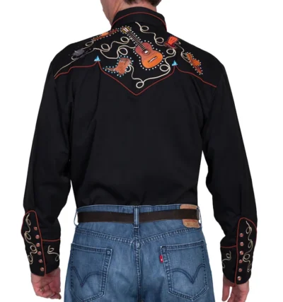 Men's cowboy boot guitar Embroidered black Western Shirt.