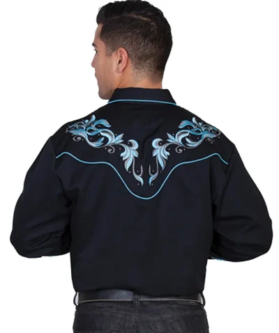 Mens Scully Studded Blue and Black Embroidered Western Shirt <ul style="list-style: square inside none;"> <li>Stud accents</li> <li>pearl snaps</li> <li>65% Polly/ 35% Rayon</li> <li>Sizes: SM- 4XL</li> •