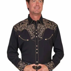 Scully Men’s Black & Tan Scroll Embroidered Western Shirt – Pearl Snaps