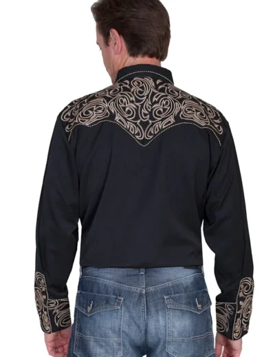 <div class="qsc-html-content"> Mens Scully Tan Embroidered Black Western Shirt <ul style="list-style: square inside none;"> <li>Candy Cane piping</li> <li>3 row pearl snaps</li> <li>65% Polly/35% Rayon</li> <li>XSM - 4X</li> </ul> </div> •