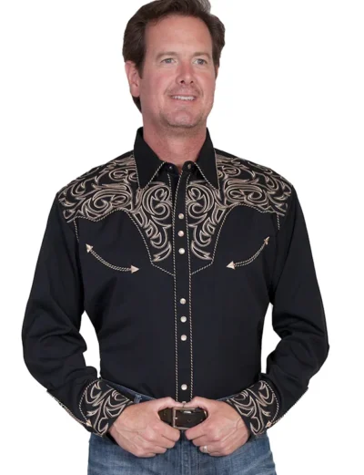 <div class="qsc-html-content"> Mens Scully Tan Embroidered Black Western Shirt <ul style="list-style: square inside none;"> <li>Candy Cane piping</li> <li>3 row pearl snaps</li> <li>65% Polly/35% Rayon</li> <li>XSM - 4X</li> </ul> </div> •