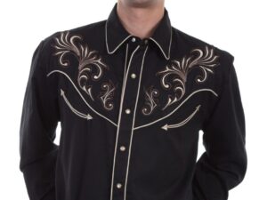 A man wearing a Mens Scully Black and Brown Scroll Embroidered Western Shirt and jeans.