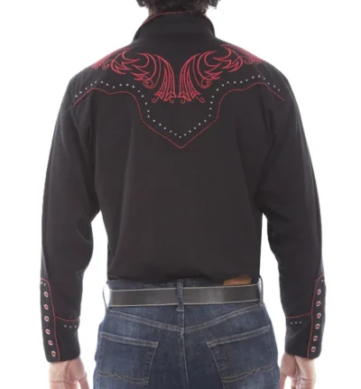 Mens Scully Red Bold Embroidered Black Studded Western Shirt