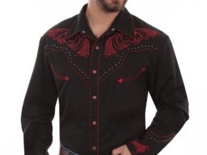 Mens Scully Red Bold Embroidered Black Studded Western Shirt, black, hi-res.