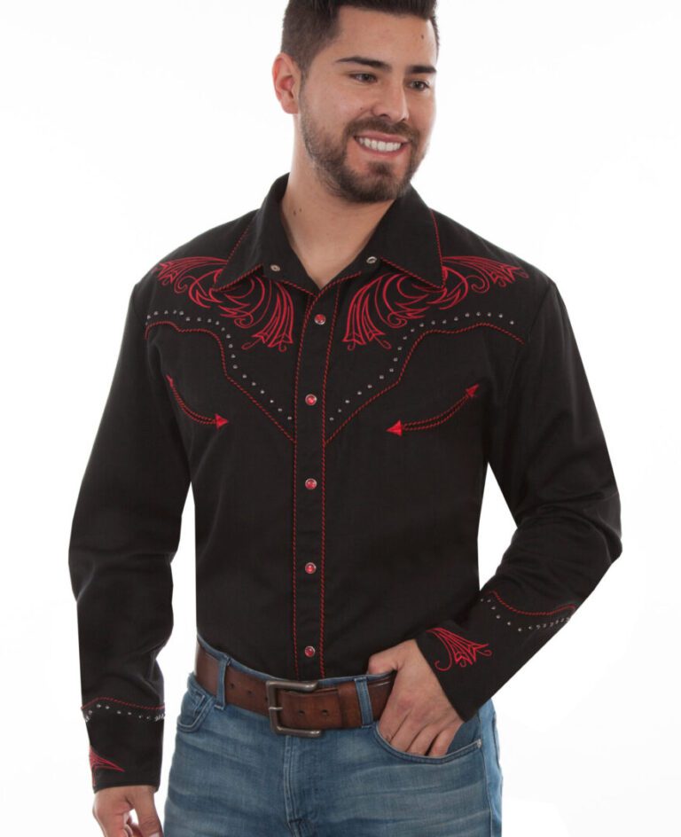 Mens Scully Red Bold Embroidered Black Studded Western Shirt, black, hi-res.