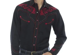 Mens Scully Red Bold Embroidered Black Studded Western Shirt