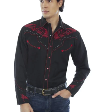 Mens Scully Red Bold Embroidered Black Studded Western Shirt