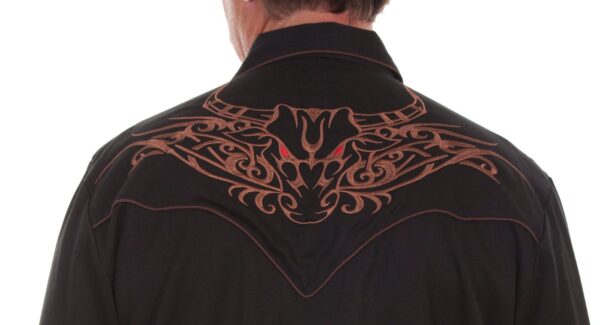 The back view of a man wearing a "TRI-BULL" Men's Scully Brown Embroidered Cowboy Shirt.