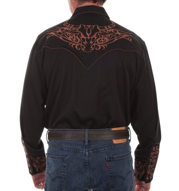 The back of a man wearing a "TRI-BULL" Men's Scully Brown Embroidered Cowboy Shirt.