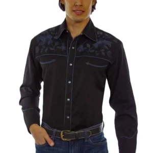 Scully Men’s Black & Navy Rose Embroidered Western Shirt - Pearl Snaps - S to 4X