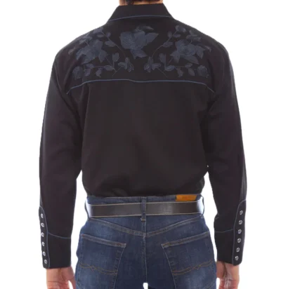 Men's Scully rose Embroidered retro Piped black Western Shirt